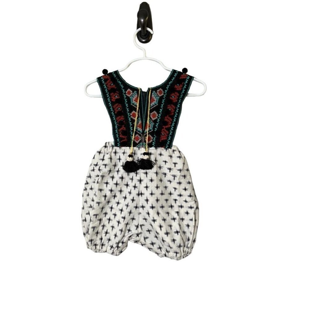 Label Jane Romper Girl 2T Black Aztec Pull On Tassel Pom Poms Floral Boho Preppy